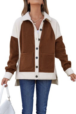 Brown Color Block Patchwork Button Down Fleece Shacket