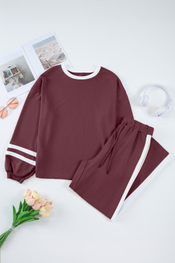 Mineral Red Varsity Stripe Patchwork Puff Sleeve Pullover Drawstring Wide Leg Pant Set