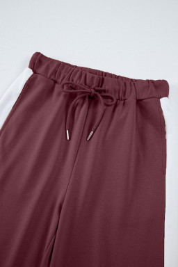 Mineral Red Varsity Stripe Patchwork Puff Sleeve Pullover Drawstring Wide Leg Pant Set