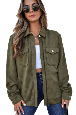 Blackish Green Solid Color Zip Up Button Flap Pocket Shirt Collar Jackets