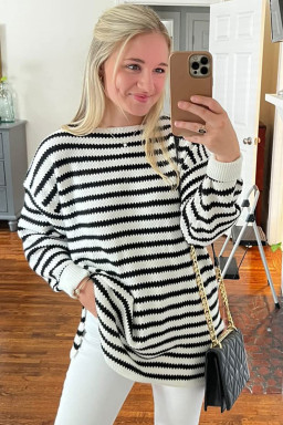 White Striped Knit Split Hem Baggy Sweater