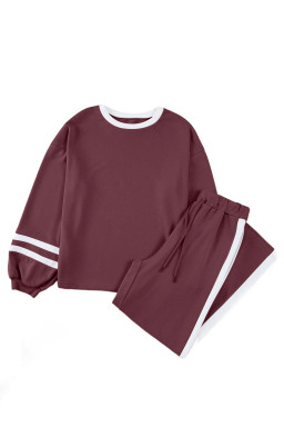 Mineral Red Varsity Stripe Patchwork Puff Sleeve Pullover Drawstring Wide Leg Pant Set