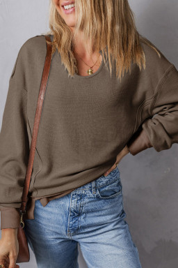 Dark Brown Waffle Knit Notched V Neck Drop Shoulder Solid Sweatshirt