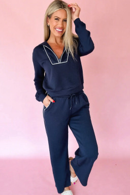Navy Blue Contrast Piping Zipped Pullover Cropped Pants Set