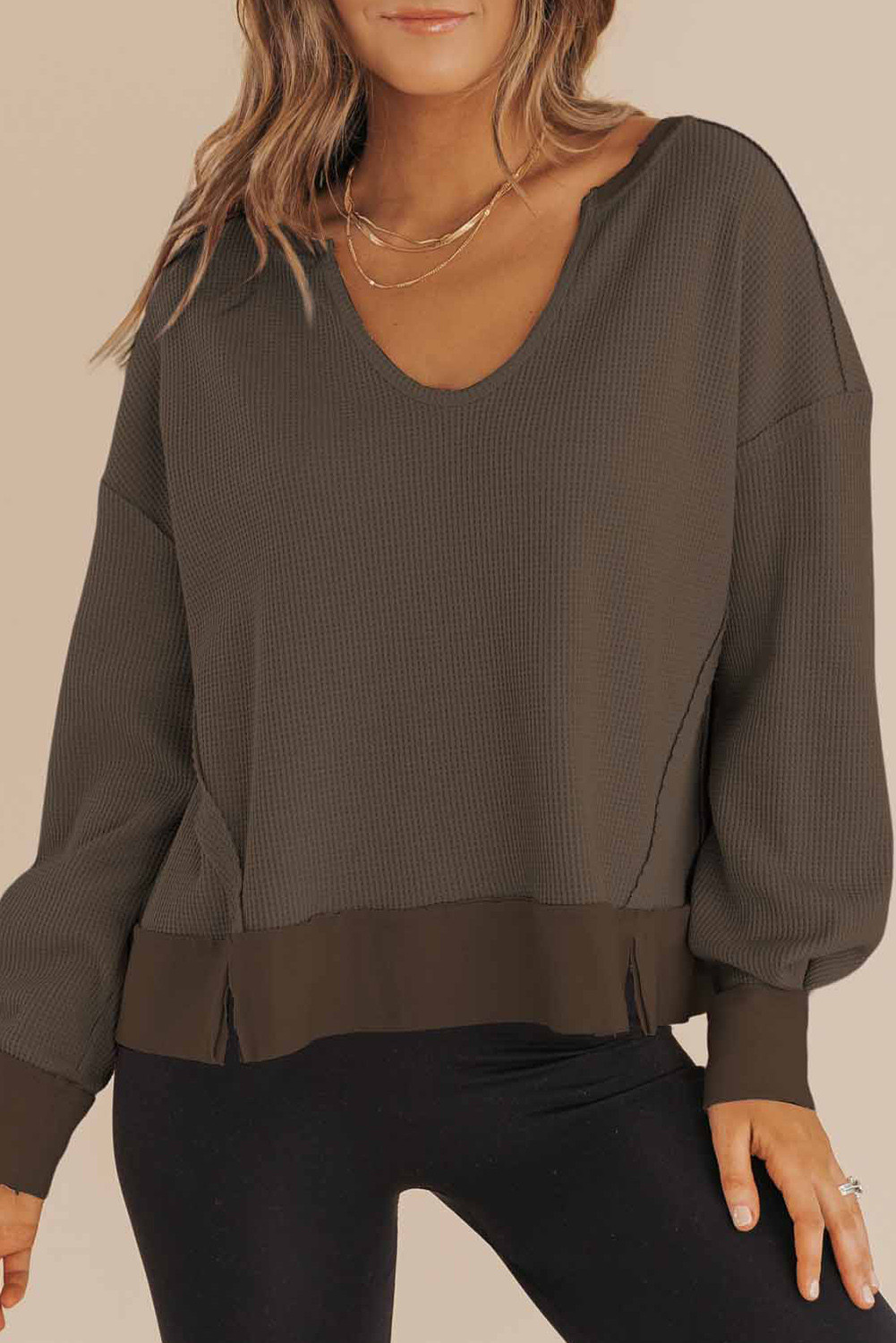 Dark Brown Waffle Knit Notched V Neck Drop Shoulder Solid Sweatshirt