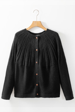 Black Solid Color Textured Detail Button Down Long Sleeve Sweater Cardigan