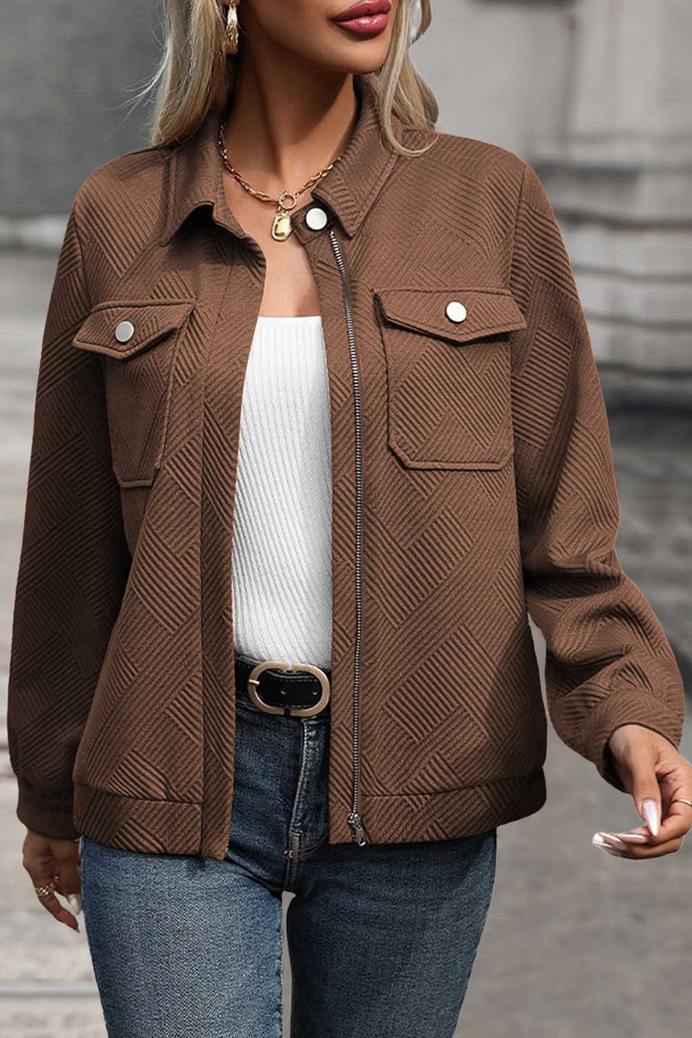 Coffee Solid Color Zip Up Button Flap Pocket Shirt Collar Jackets
