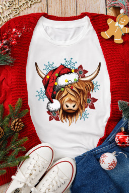 White Christmas Highland Ox Snowflake Print Womens T Shirt