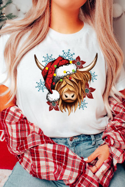 White Christmas Highland Ox Snowflake Print Womens T Shirt
