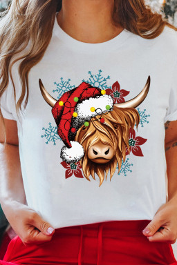White Christmas Highland Ox Snowflake Print Womens T Shirt