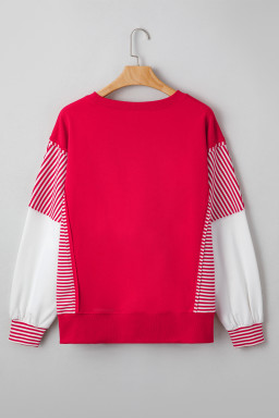 Fiery Red Striped Patchwork Sleeve Colorblock Sweatshirt