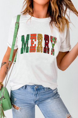 White Leopard Plaid Multi-pattern MERRY Letter Graphic Tee