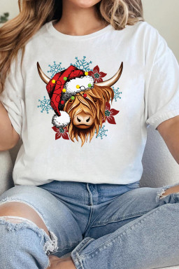 White Christmas Highland Ox Snowflake Print Womens T Shirt