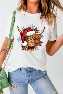 White Christmas Highland Ox Snowflake Print Womens T Shirt
