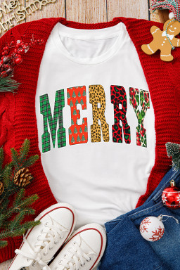 White Leopard Plaid Multi-pattern MERRY Letter Graphic Tee