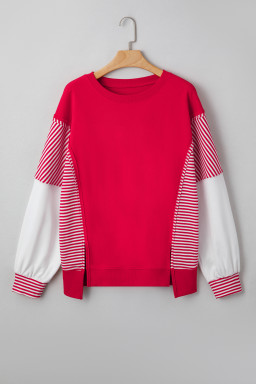 Fiery Red Striped Patchwork Sleeve Colorblock Sweatshirt