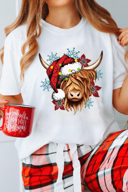 White Christmas Highland Ox Snowflake Print Womens T Shirt