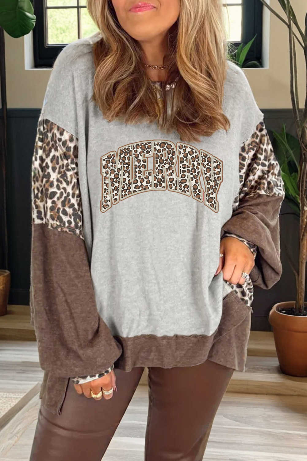 Gray Color Block Leopard Contrast Letter Graphic Christmas Sweatshirt