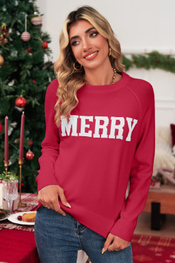 Racing Red MERRY Letter Pattern Christmas Raglan Sleeve Sweater