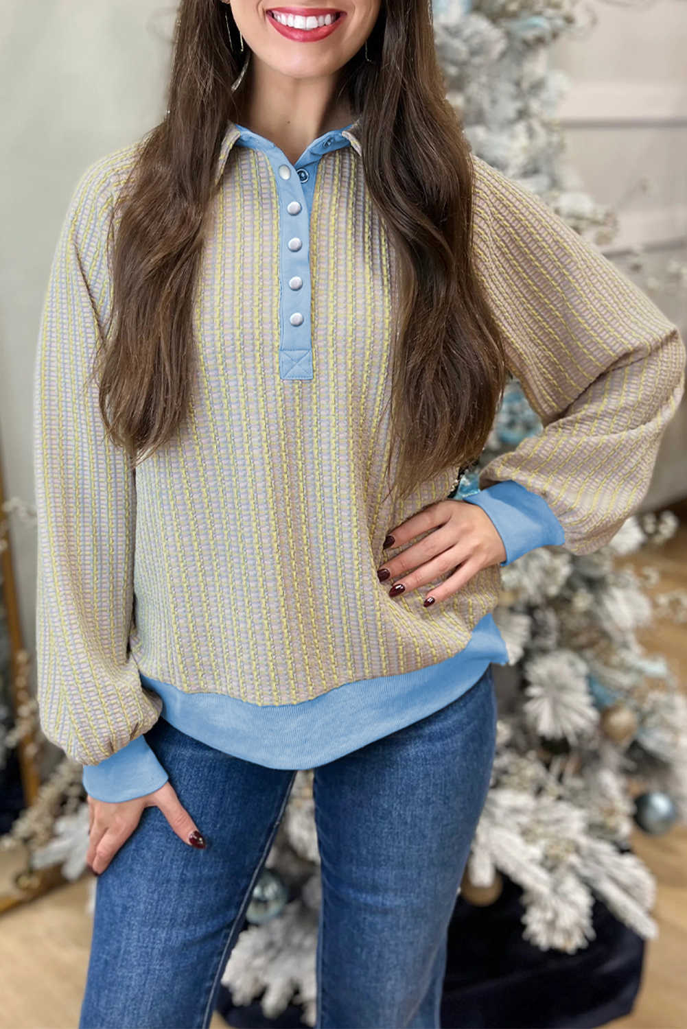 Beau Blue Striped Henley Collar Textured Sweatshirt