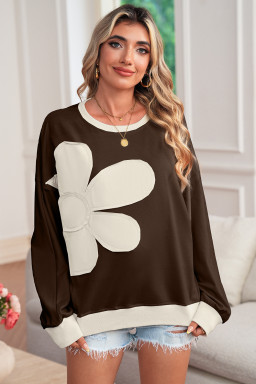 Coffee Raw Edge Flower Patch Drop Shoulder Long Sleeve Top