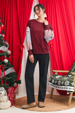 Red Sandalwood Plaid Patchwork Sleeve Raw Seam Sweatshirt