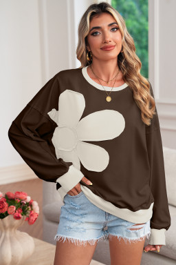 Coffee Raw Edge Flower Patch Drop Shoulder Long Sleeve Top