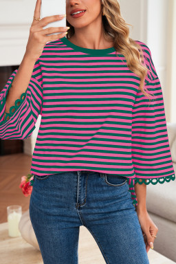 Sachet Pink Striped Round Neck Contrast Trim Bell Sleeve Top