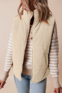 Beige Corduroy Stand Neck Zipped Puffer Vest