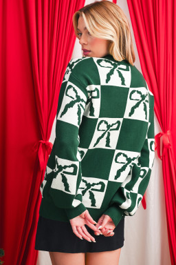 Blackish Green Bow Print Checkered Knit Sweater