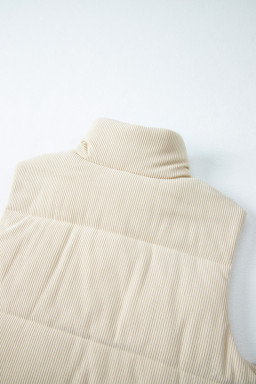 Beige Corduroy Stand Neck Zipped Puffer Vest