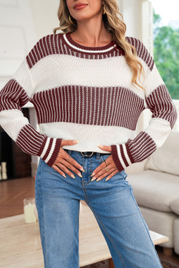 Brown Two Tone Striped Patchwork Drop Shoulder Sweater