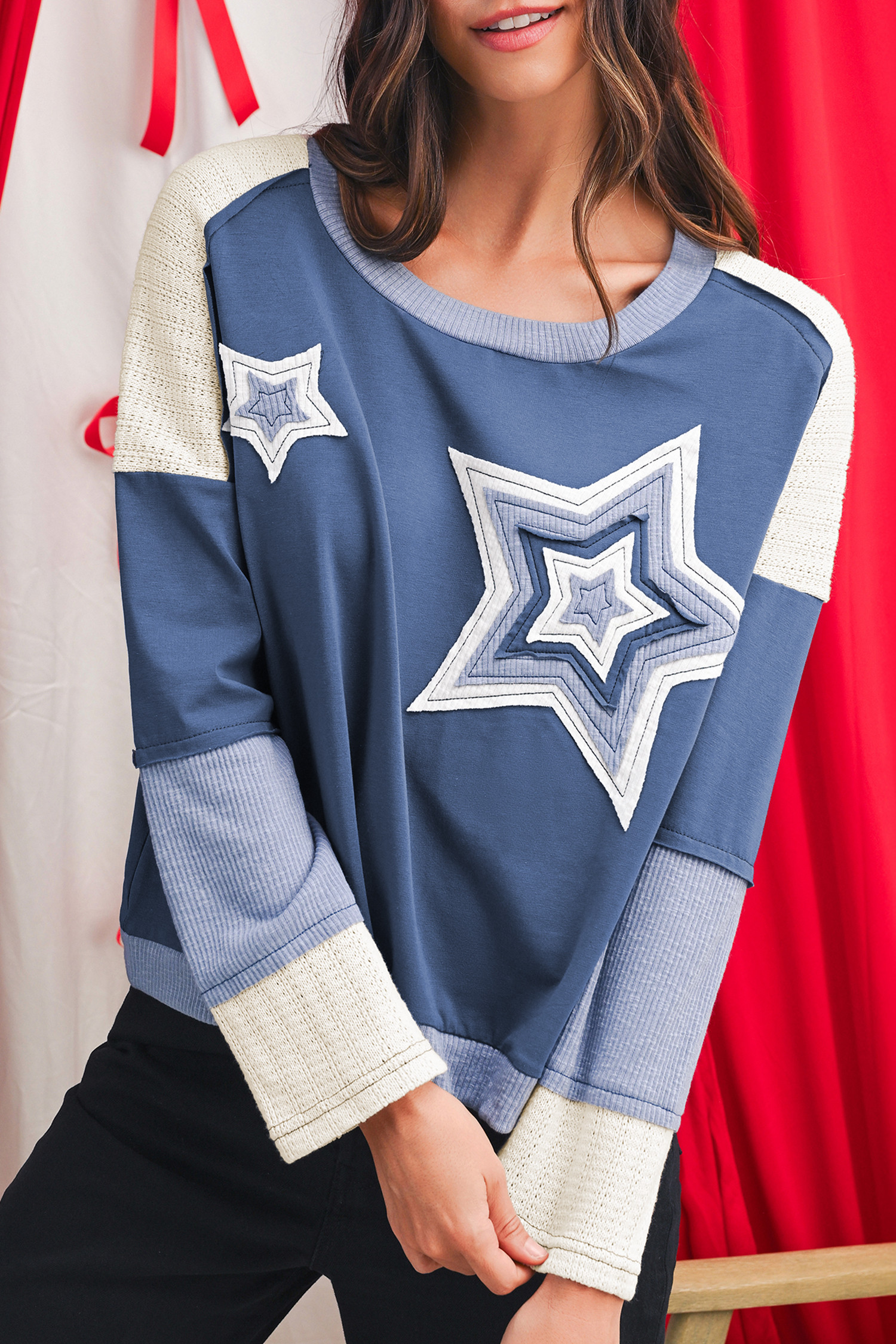 Dark Blue Knitted Colorblock Patchwork Star Patched Long Sleeve Top