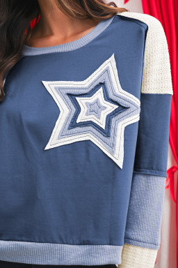 Dark Blue Knitted Colorblock Patchwork Star Patched Long Sleeve Top