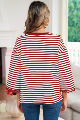 Racing Red Striped Round Neck Contrast Trim Bell Sleeve Top