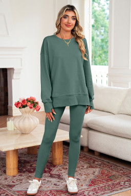 Green Bay Solid Color Oversize Slit Sweatshirt Ribbed Leggings Set