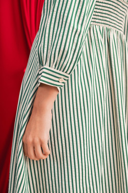 Green Striped V Neck Zip Front Cinched High Waist Midi Dress