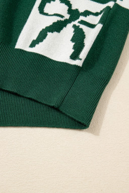 Blackish Green Bow Print Checkered Knit Sweater