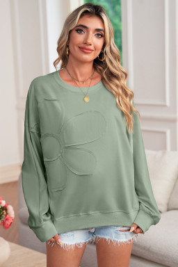 Smoke Green Raw Edge Flower Patch Drop Shoulder Long Sleeve Top