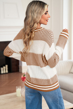 Khaki Two Tone Striped Patchwork Drop Shoulder Sweater