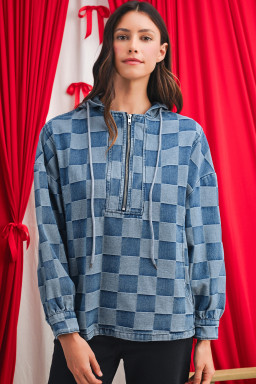 Sky Blue Checkerboard Zipped Collar Kangaroo Pocket Denim Hoodie