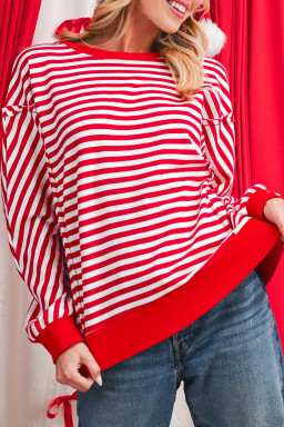 Red Striped Exposed Seam Drop Shoulder Long Sleeve Top