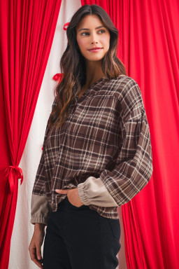 Brown Plaid Waffle Patchwork Long Sleeve Henley Hooded Top
