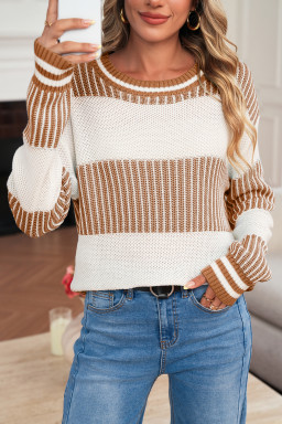 Khaki Two Tone Striped Patchwork Drop Shoulder Sweater
