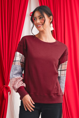 Red Sandalwood Plaid Patchwork Sleeve Raw Seam Sweatshirt