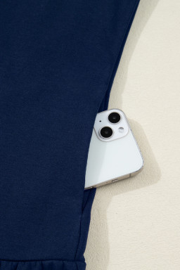 Navy Blue Contrast Striped Cuffs Polo Collar Patchwork Long Sleeve Ruffle Hem Mini Dress