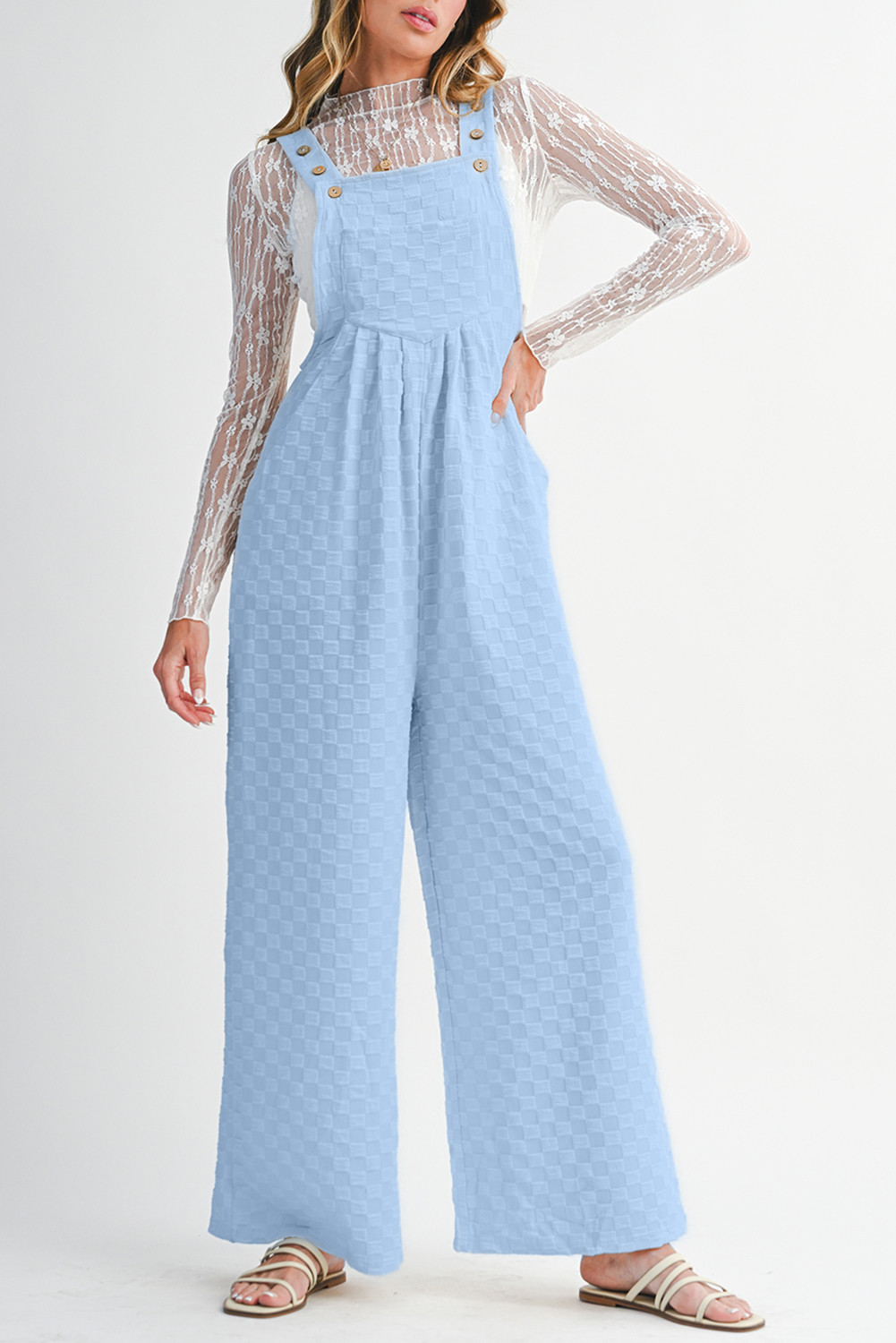 Beau Blue Checkered Pocket High Waist Wide Leg Overall