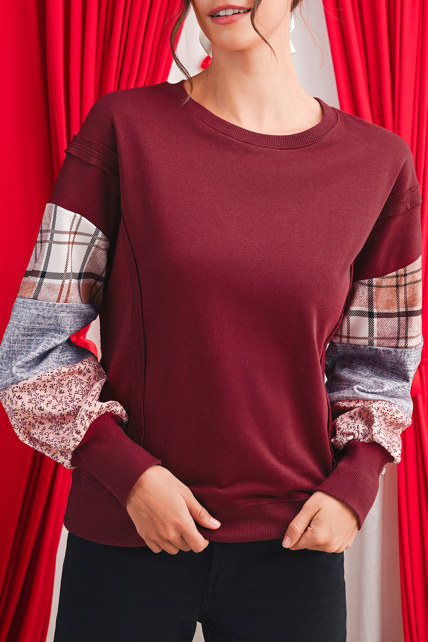 Red Sandalwood Plaid Patchwork Sleeve Raw Seam Sweatshirt