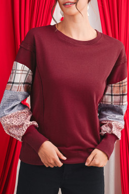 Red Sandalwood Plaid Patchwork Sleeve Raw Seam Sweatshirt