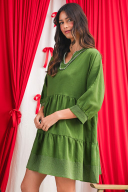 Jungle Green Contrast Stitched V Neck 3/4 Sleeve Swing Mini Dress